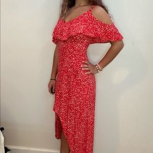 Red Ditsy Flower High-Low Maxi Dress